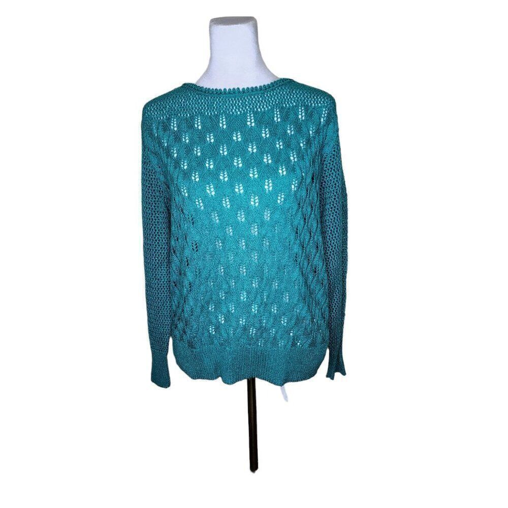 Vintage 1990s Open Weave Long Sleeve Sweater Womens Size L Teal Blue Green